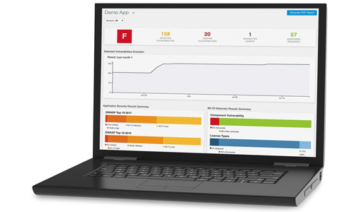 A view of Black Duck Seeker web-based application security dashboard open on a laptop screen